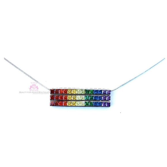 7 Colors Gods Promise Rainbow Cubic Zirconia CZ Triple Multi 3 Row Bar Necklace - Picture 4 of 9